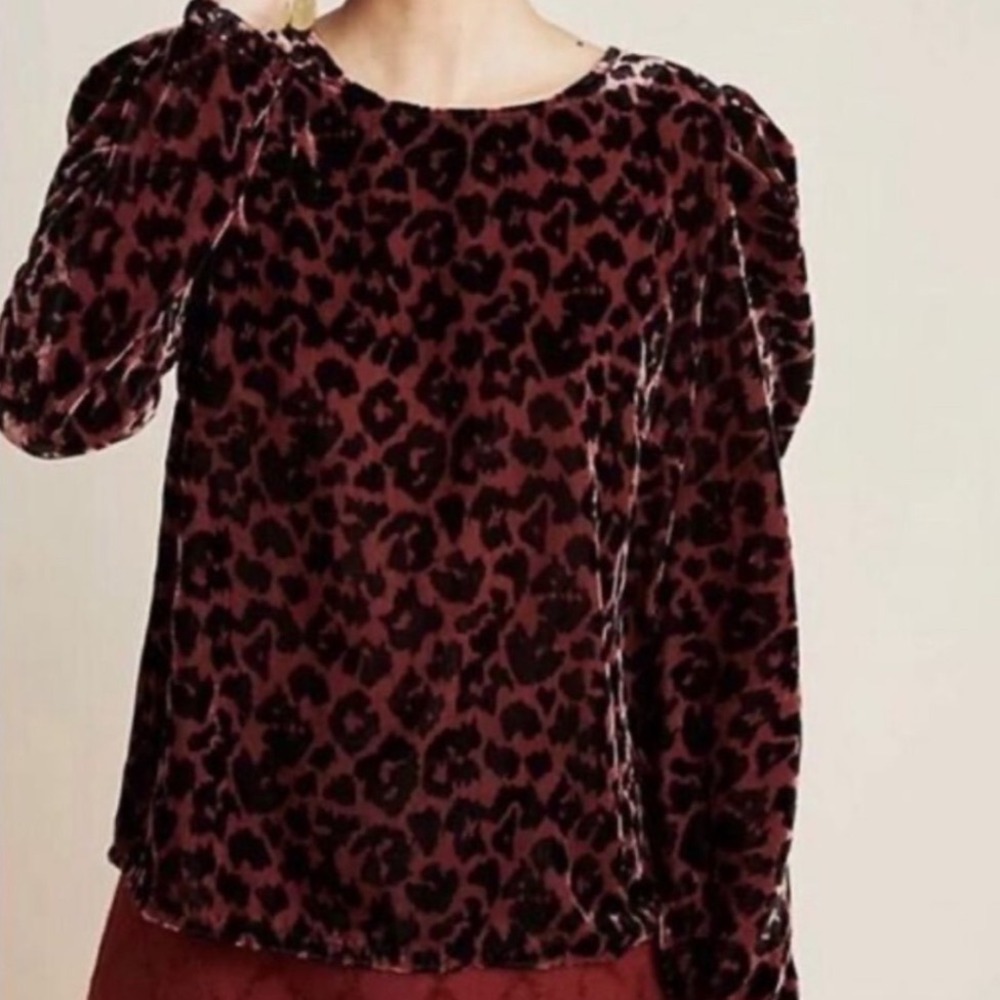 Anthropologie Dolan | NWT Left Coast Raspberry Leopard Velvet Puff Sleeve Top, S